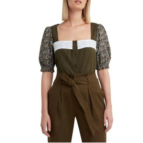 H by Halston Tops - NWT H by Halston Mixed Media Floral Poplin Top Blouse in Green sz L